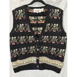 Vintage The Import Workshop Floral Knit Sweater Vest Button Front Large
